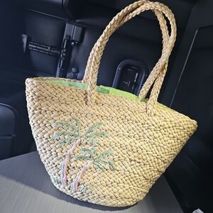 Women’s Beach Tote Bag Palm Trees Corn Husk Basketweave Tropical Large Pre-Owned